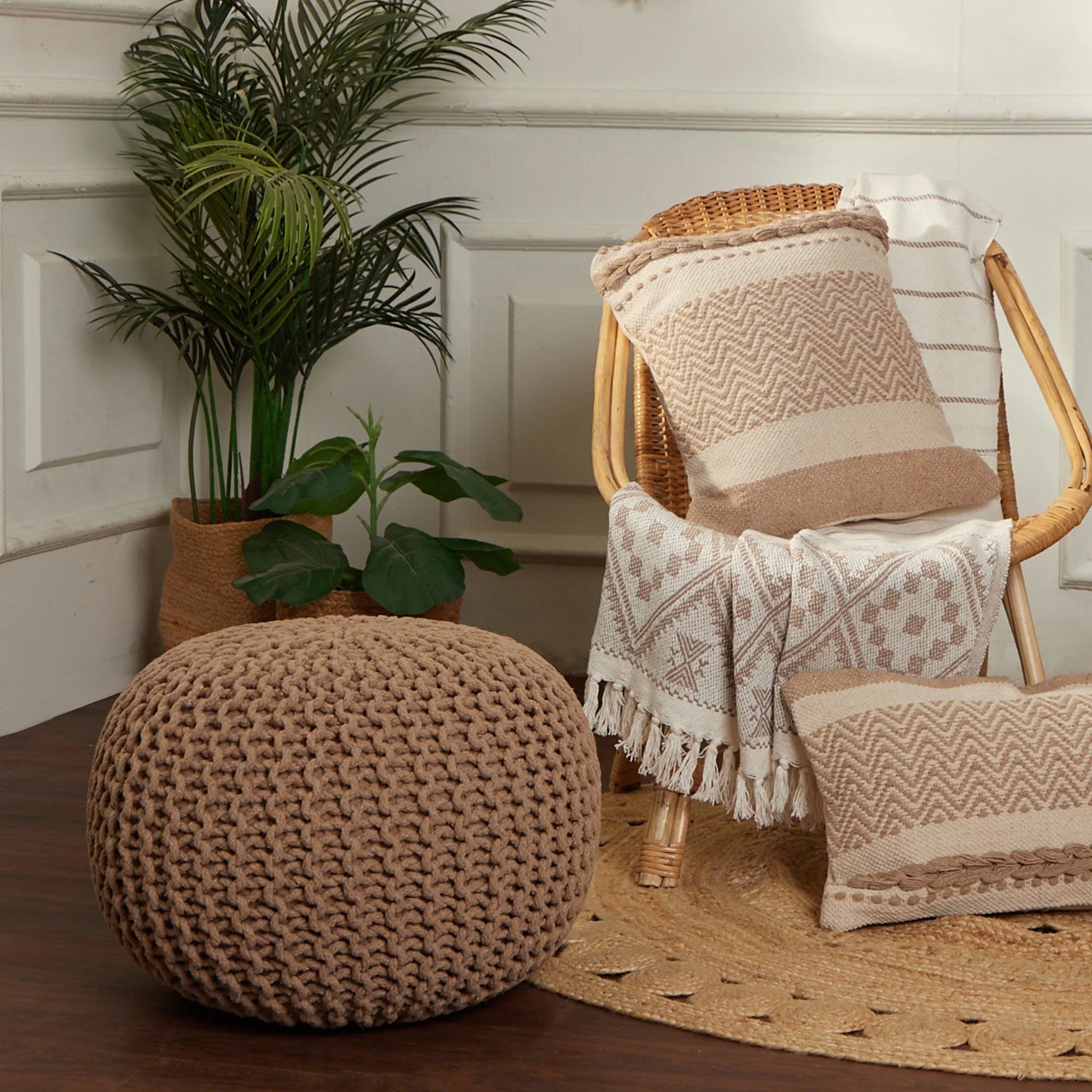 Hand-Knitted Cable Knit Round Pouf Ottoman - 100% Cotton Circular Footrest for Living Room, Bedroom, and Lounge - Beige (19.5" x 19.5" x 14")