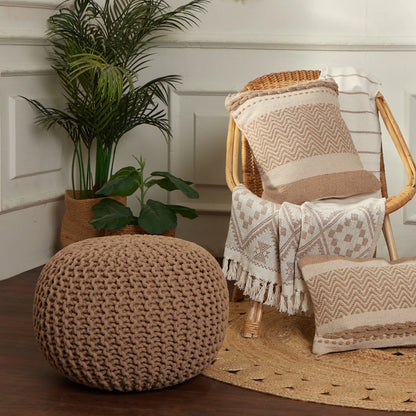 Hand-Knitted Cable Knit Round Pouf Ottoman - 100% Cotton Circular Footrest for Living Room, Bedroom, and Lounge - Beige (19.5" x 19.5" x 14")