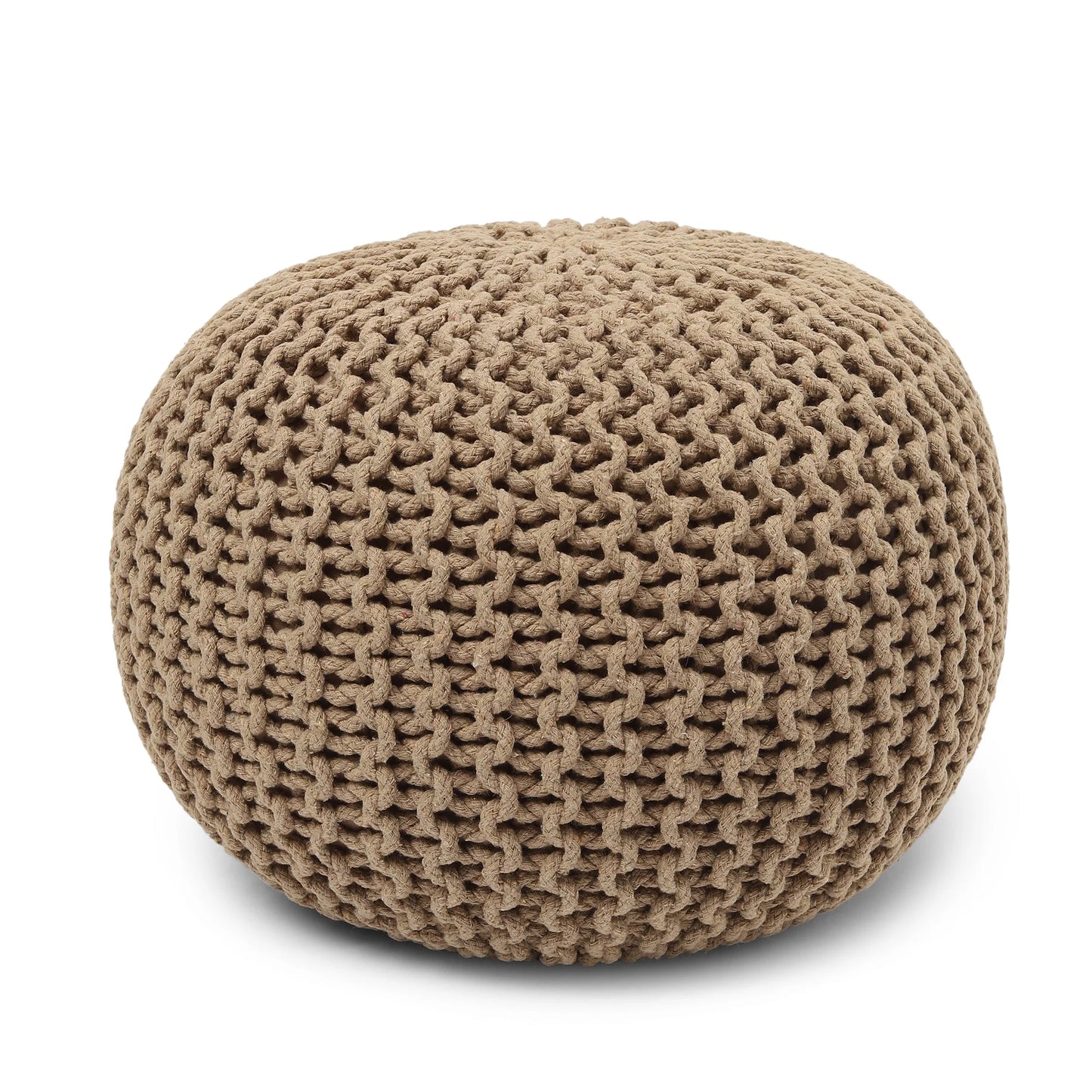 Hand-Knitted Cable Knit Round Pouf Ottoman - 100% Cotton Circular Footrest for Living Room, Bedroom, and Lounge - Beige (19.5" x 19.5" x 14")