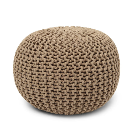 Hand-Knitted Cable Knit Round Pouf Ottoman - 100% Cotton Circular Footrest for Living Room, Bedroom, and Lounge - Beige (19.5" x 19.5" x 14")