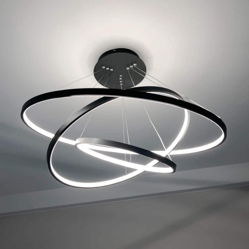Contemporary Dimmable LED Chandelier - 3 Ring Pendant Light Fixture for Dining Room, Living Room, and Bedroom in Cool White and Black