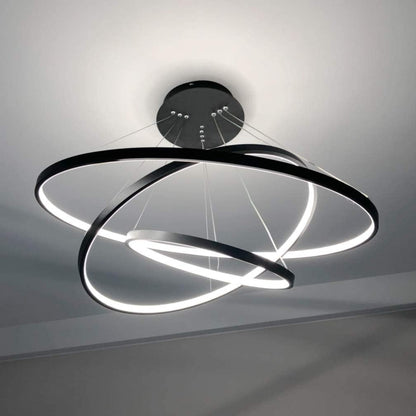 Contemporary Dimmable LED Chandelier - 3 Ring Pendant Light Fixture for Dining Room, Living Room, and Bedroom in Cool White and Black