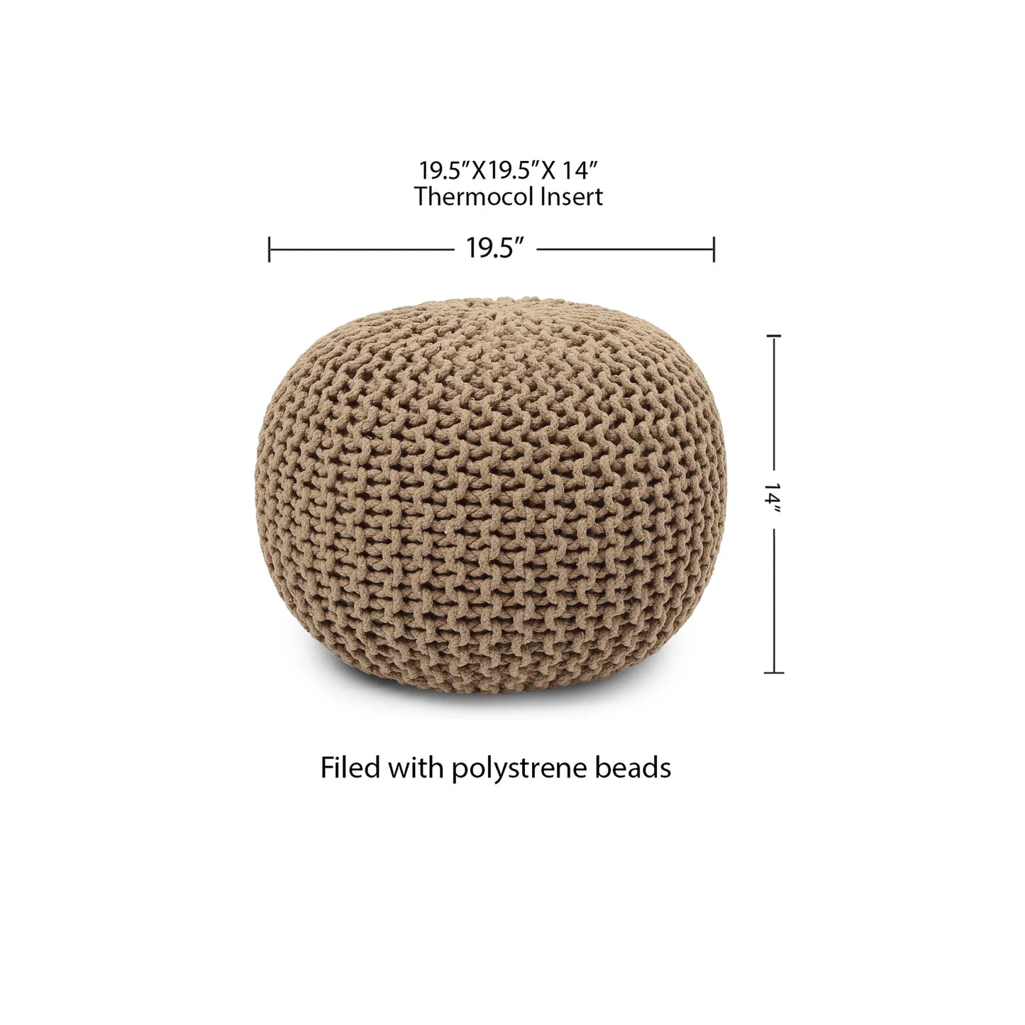 Hand-Knitted Cable Knit Round Pouf Ottoman - 100% Cotton Circular Footrest for Living Room, Bedroom, and Lounge - Beige (19.5" x 19.5" x 14")