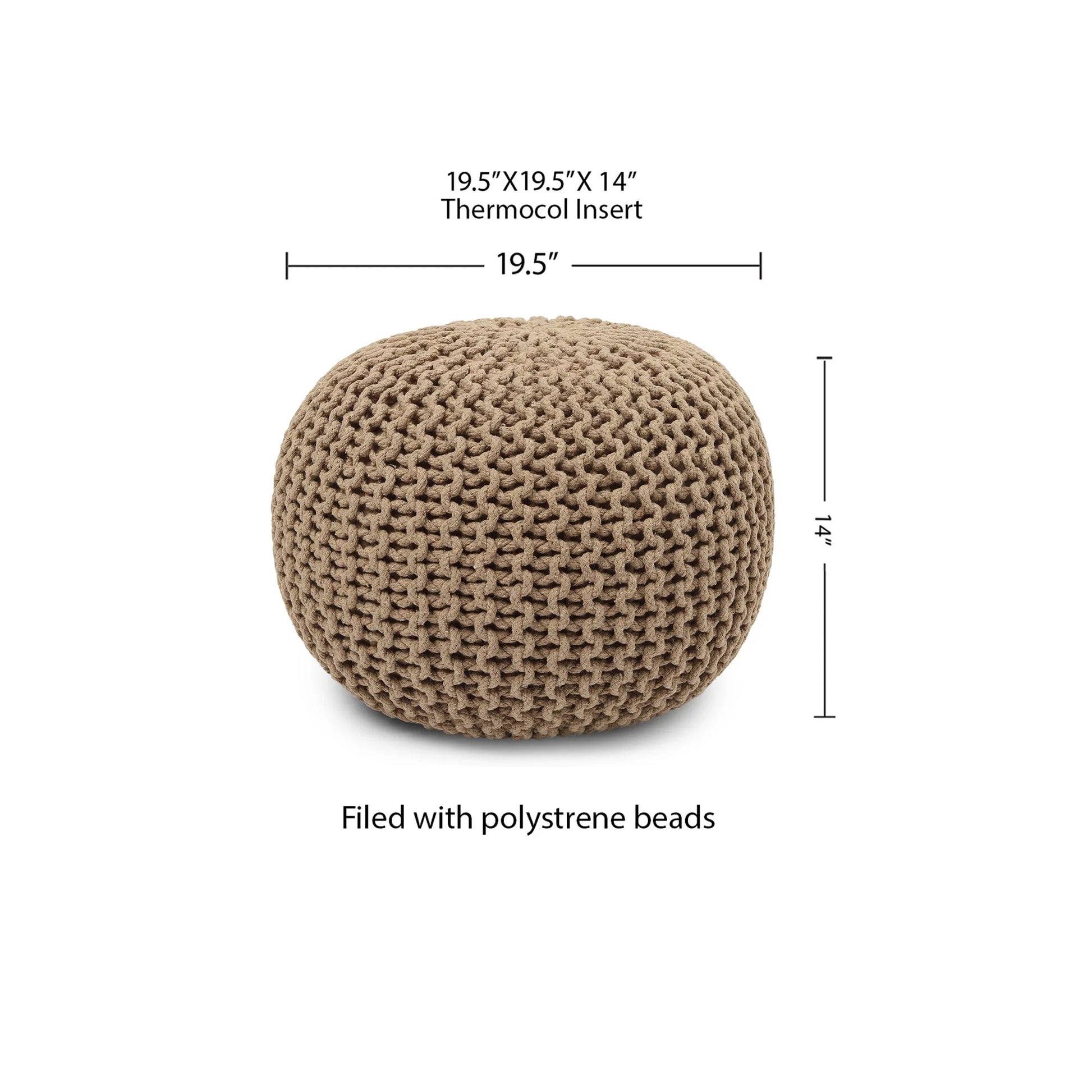 Hand-Knitted Cable Knit Round Pouf Ottoman - 100% Cotton Circular Footrest for Living Room, Bedroom, and Lounge - Beige (19.5" x 19.5" x 14")