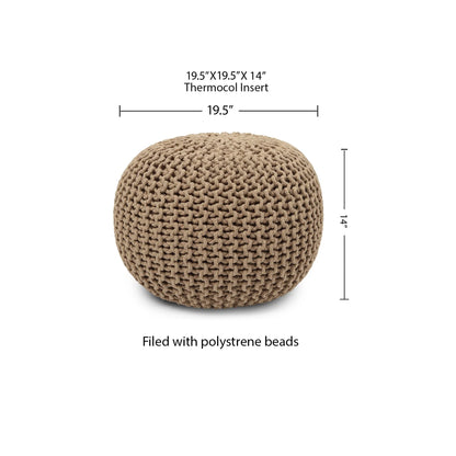 Hand-Knitted Cable Knit Round Pouf Ottoman - 100% Cotton Circular Footrest for Living Room, Bedroom, and Lounge - Beige (19.5" x 19.5" x 14")