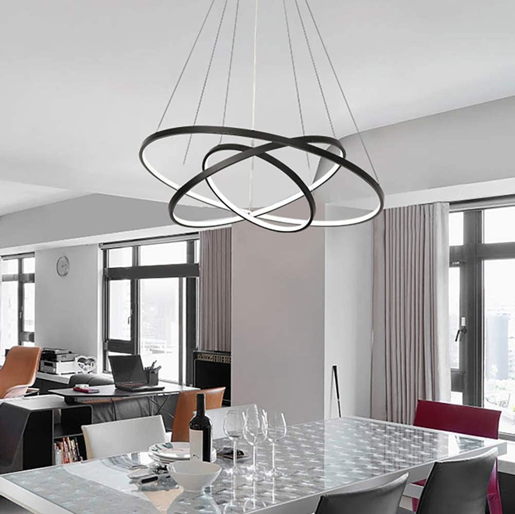 Contemporary Dimmable LED Chandelier - 3 Ring Pendant Light Fixture for Dining Room, Living Room, and Bedroom in Cool White and Black