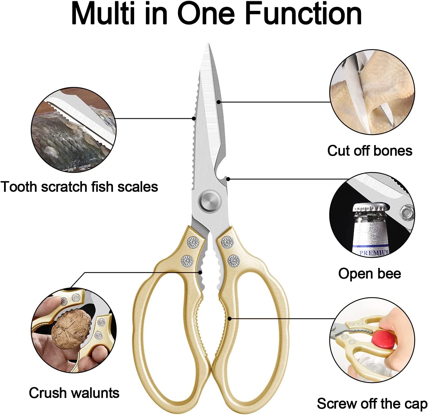 Kitchen Scissors All Purpose Heavy Duty, Ultra Sharp Stainless Steel Kitchen Shears Dishwasher Safe, Cooking Shears for Chicken, Poultry, Fish, Meat, Herbs & Grapes with Non-Slip Grips - Gold