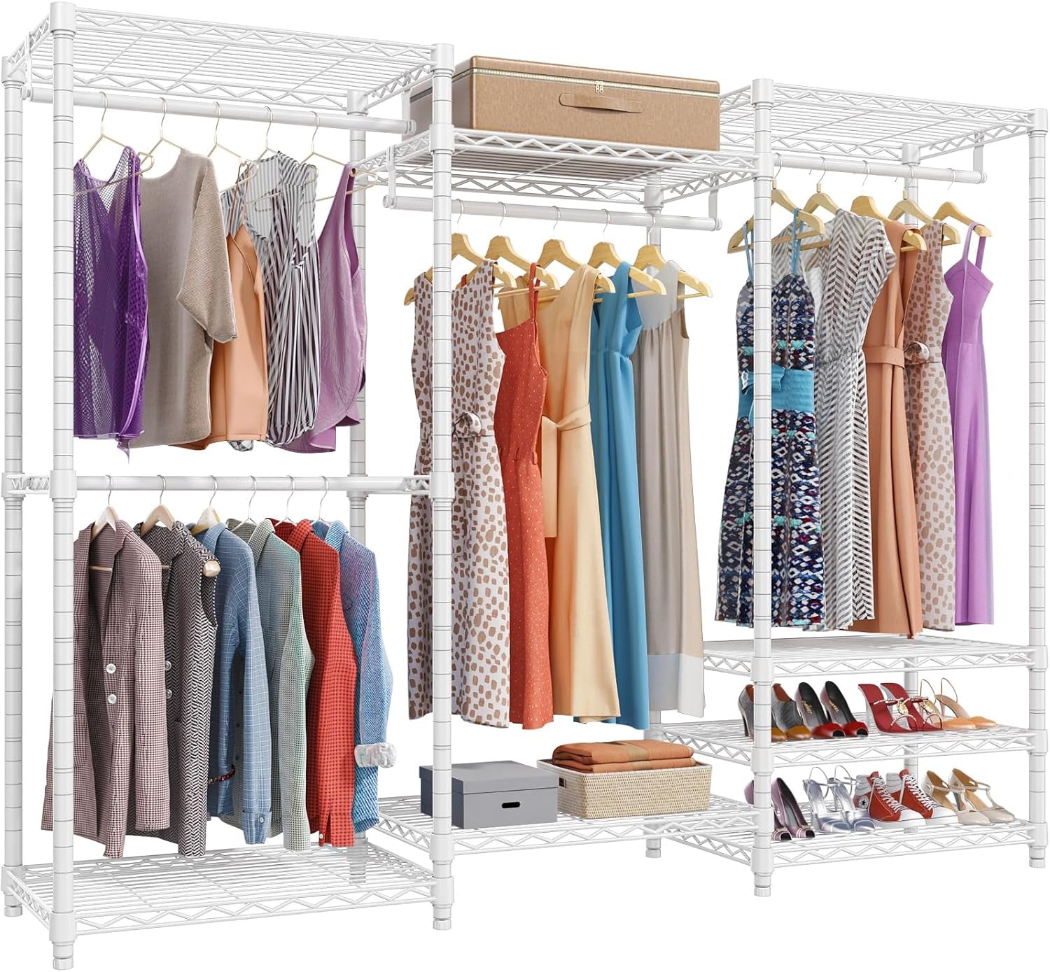 Portable Closet Wardrobe Heavy Duty Clothes Rack, Freestanding Clothing Racks with 4 Hang Rods & 8 Shelves, Adjustable Custom Closet Racks
