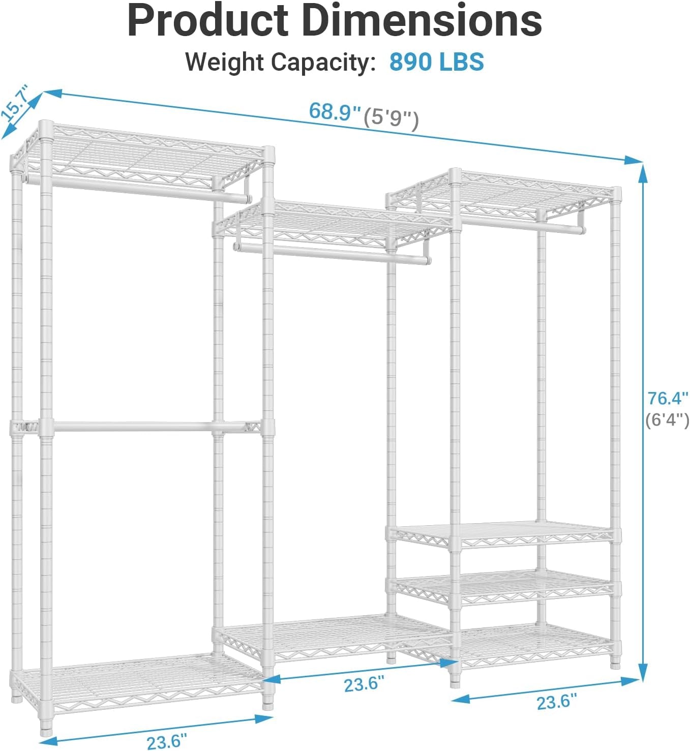 Portable Closet Wardrobe Heavy Duty Clothes Rack, Freestanding Clothing Racks with 4 Hang Rods & 8 Shelves, Adjustable Custom Closet Racks