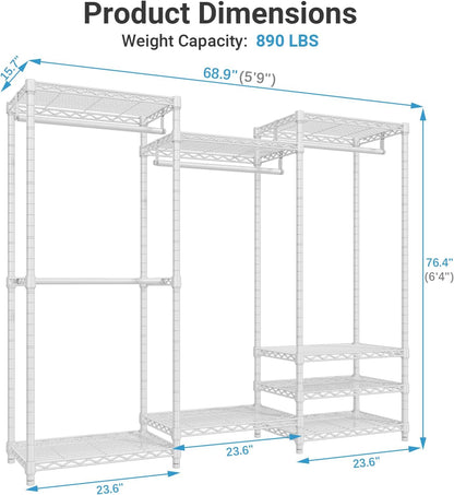 Portable Closet Wardrobe Heavy Duty Clothes Rack, Freestanding Clothing Racks with 4 Hang Rods & 8 Shelves, Adjustable Custom Closet Racks