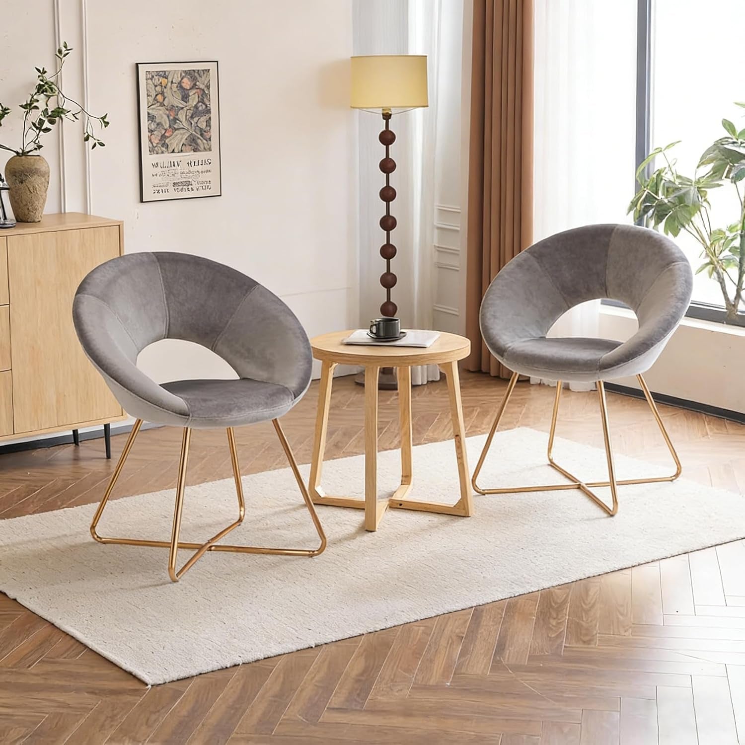 Modern Velvet Accent Chair - Comfy Upholstered Single Sofa with Mid-Century Design and Golden Metal Frame - Grey