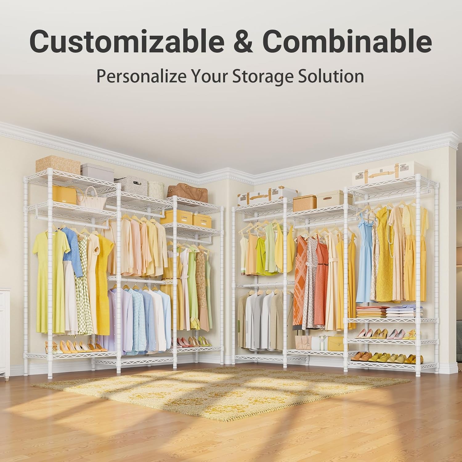 Portable Closet Wardrobe Heavy Duty Clothes Rack, Freestanding Clothing Racks with 4 Hang Rods & 8 Shelves, Adjustable Custom Closet Racks