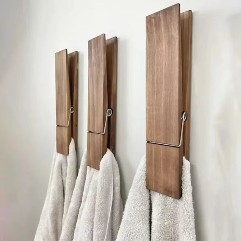 Wooden Wall-Mounted Towel Holder in Rustic Style - Giant Clothespin Design