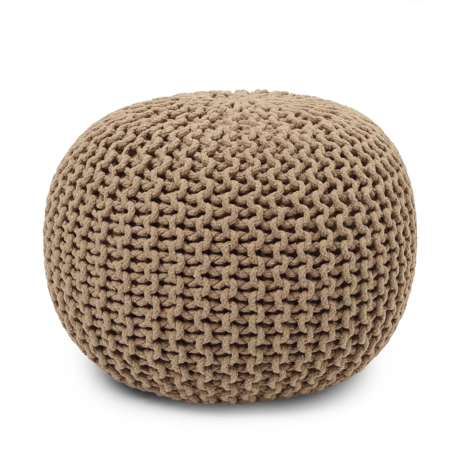 Hand-Knitted Cable Knit Round Pouf Ottoman - 100% Cotton Circular Footrest for Living Room, Bedroom, and Lounge - Beige (19.5" x 19.5" x 14")
