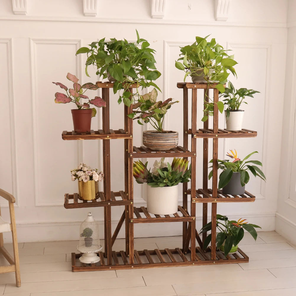UNHO 46-Inch Multi-Tier Wooden Plant Stand - 16-Shelf Flower Rack for Indoor and Outdoor Use