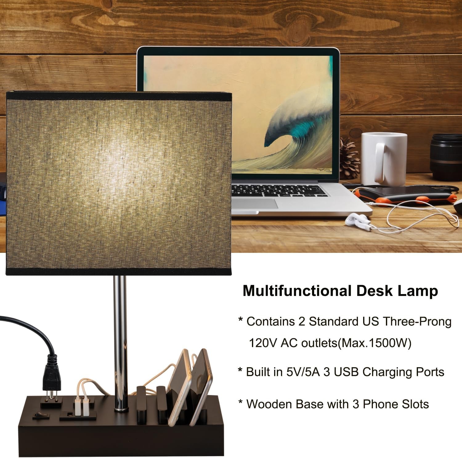 USB Table Lamp, Multi-Functional Desk Lamp with 2 AC Outlets