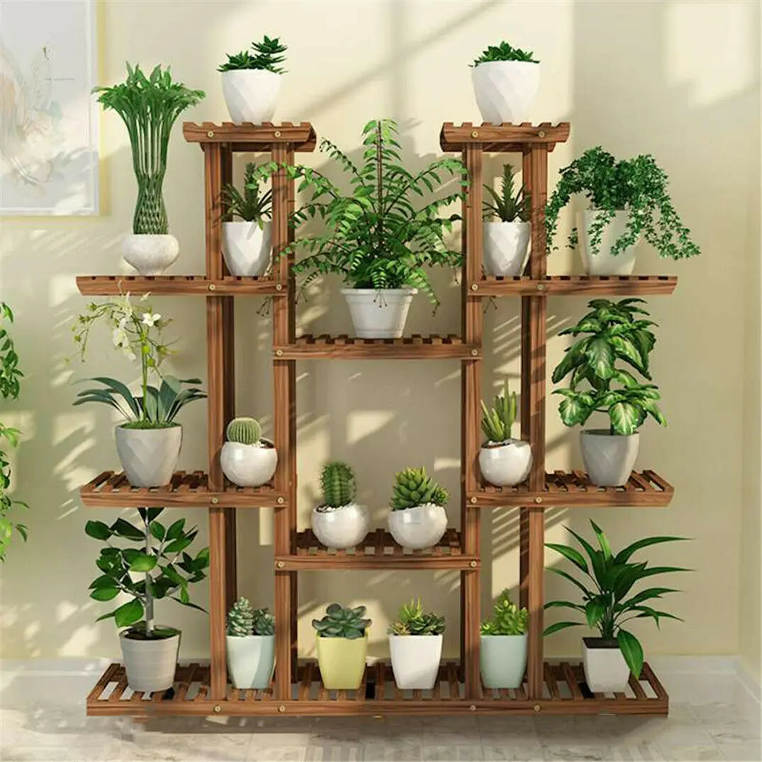 UNHO 46-Inch Multi-Tier Wooden Plant Stand - 16-Shelf Flower Rack for Indoor and Outdoor Use