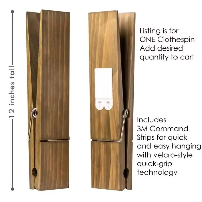 Wooden Wall-Mounted Towel Holder in Rustic Style - Giant Clothespin Design