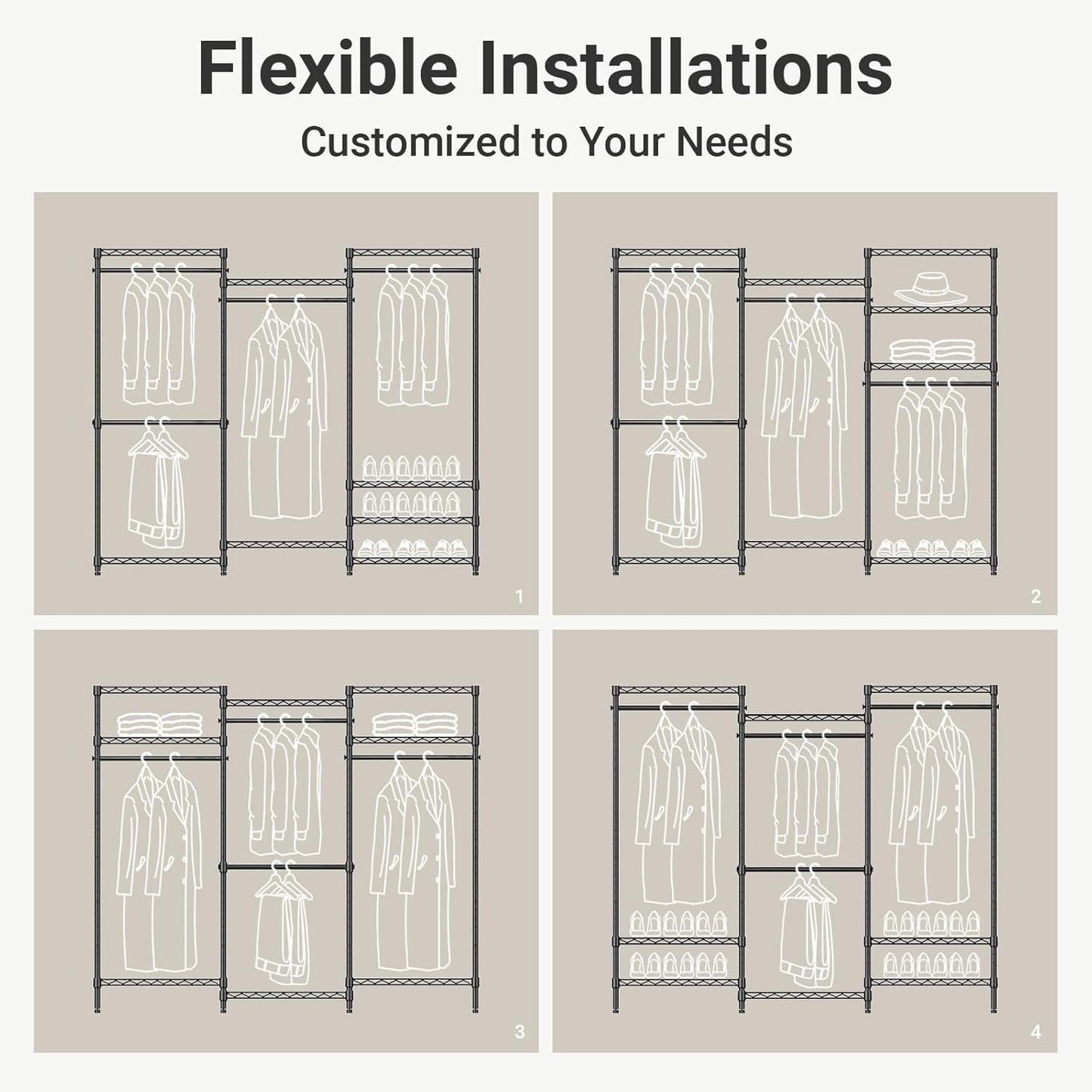 Portable Closet Wardrobe Heavy Duty Clothes Rack, Freestanding Clothing Racks with 4 Hang Rods & 8 Shelves, Adjustable Custom Closet Racks