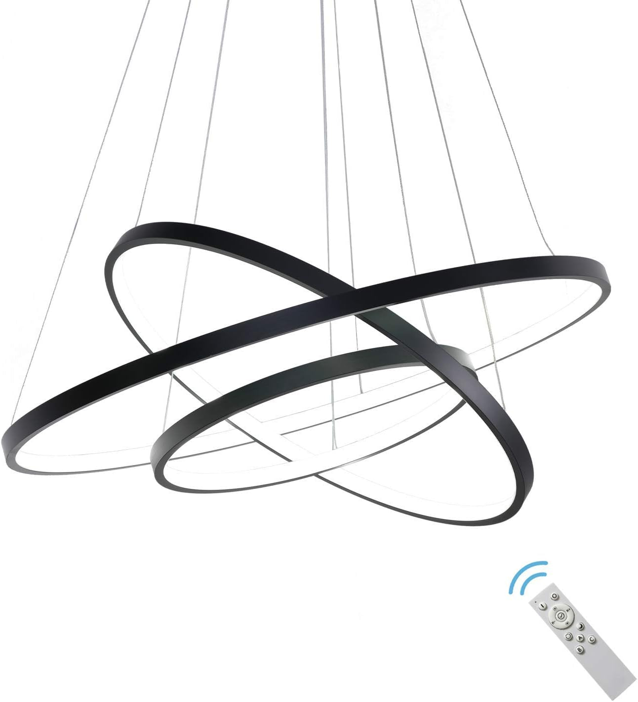 Contemporary Dimmable LED Chandelier - 3 Ring Pendant Light Fixture for Dining Room, Living Room, and Bedroom in Cool White and Black