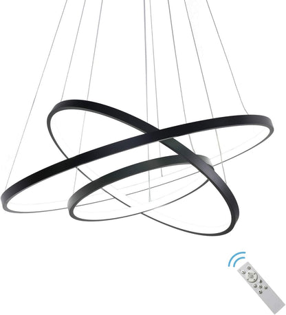 Contemporary Dimmable LED Chandelier - 3 Ring Pendant Light Fixture for Dining Room, Living Room, and Bedroom in Cool White and Black