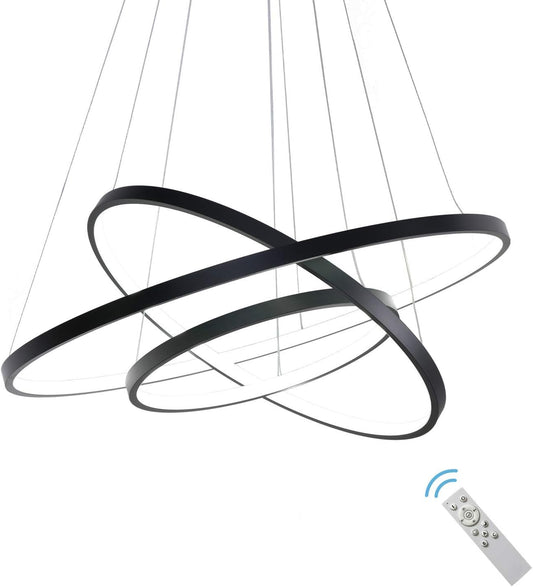 Contemporary Dimmable LED Chandelier - 3 Ring Pendant Light Fixture for Dining Room, Living Room, and Bedroom in Cool White and Black