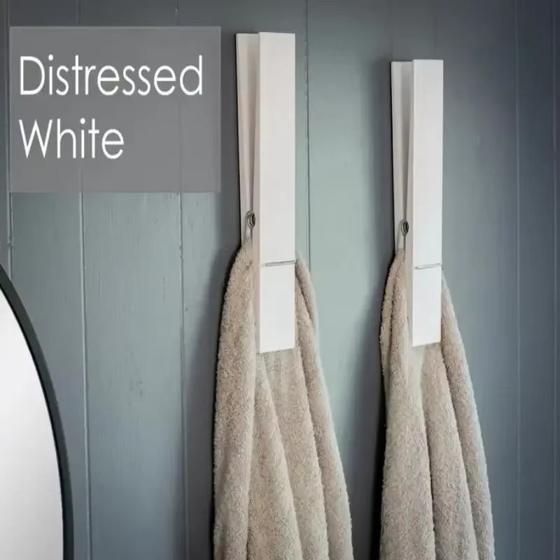 Wooden Wall-Mounted Towel Holder in Rustic Style - Giant Clothespin Design