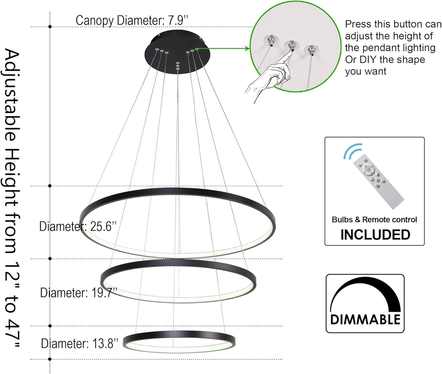 Contemporary Dimmable LED Chandelier - 3 Ring Pendant Light Fixture for Dining Room, Living Room, and Bedroom in Cool White and Black