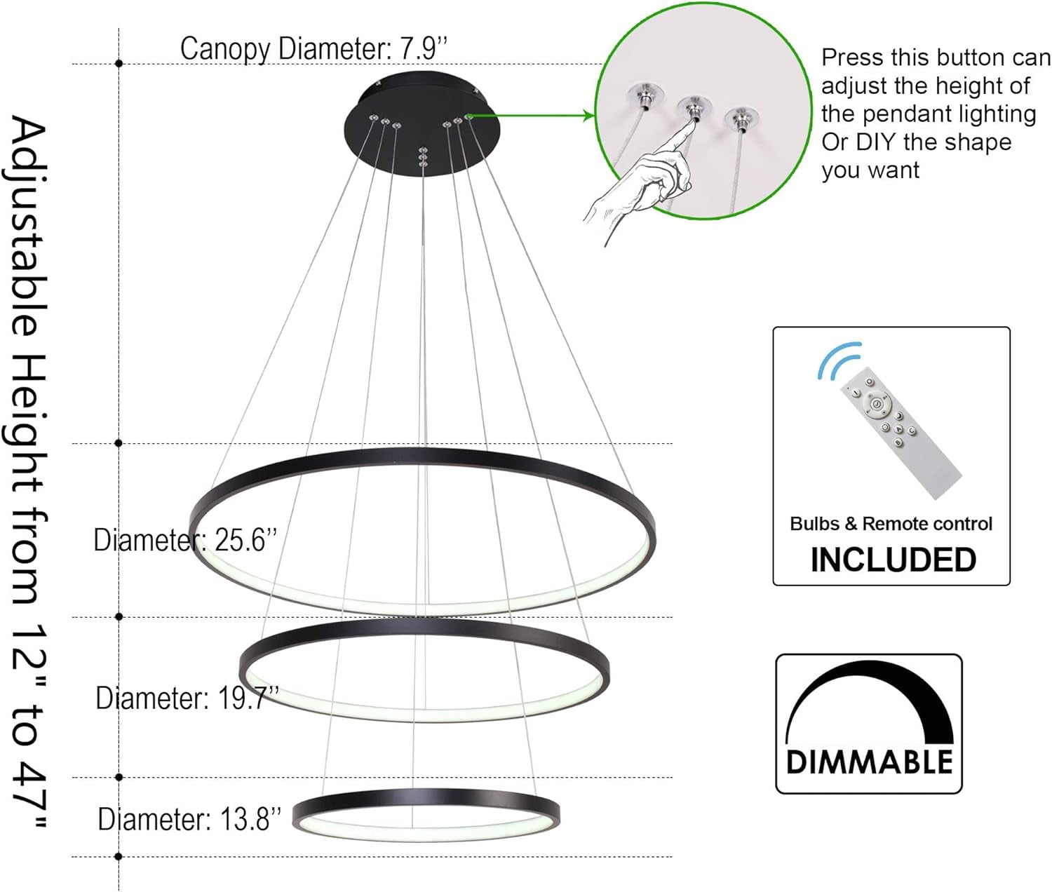 Contemporary Dimmable LED Chandelier - 3 Ring Pendant Light Fixture for Dining Room, Living Room, and Bedroom in Cool White and Black