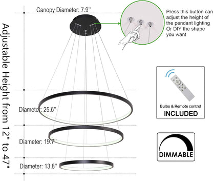 Contemporary Dimmable LED Chandelier - 3 Ring Pendant Light Fixture for Dining Room, Living Room, and Bedroom in Cool White and Black