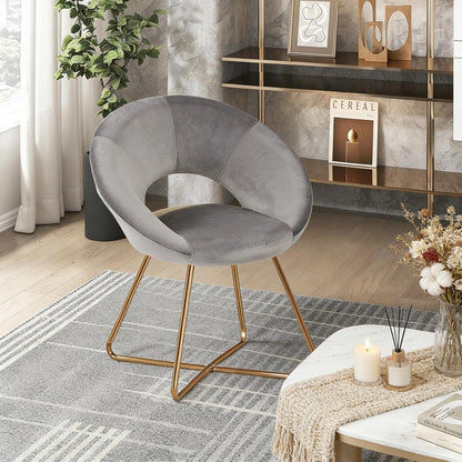 Modern Velvet Accent Chair - Comfy Upholstered Single Sofa with Mid-Century Design and Golden Metal Frame - Grey
