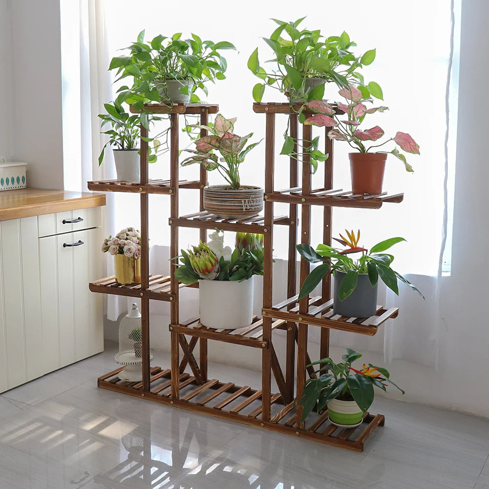 UNHO 46-Inch Multi-Tier Wooden Plant Stand - 16-Shelf Flower Rack for Indoor and Outdoor Use