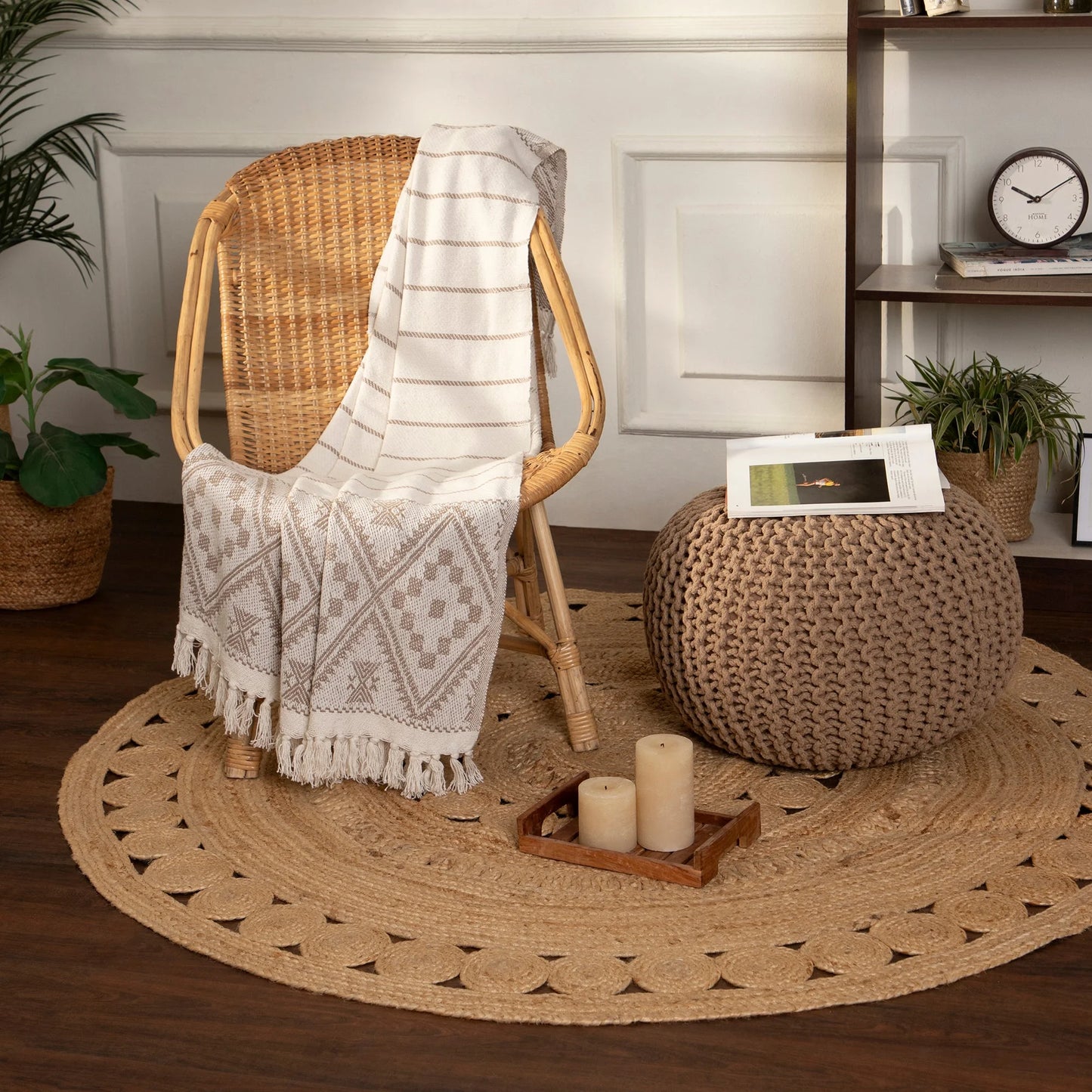 Hand-Knitted Cable Knit Round Pouf Ottoman - 100% Cotton Circular Footrest for Living Room, Bedroom, and Lounge - Beige (19.5" x 19.5" x 14")