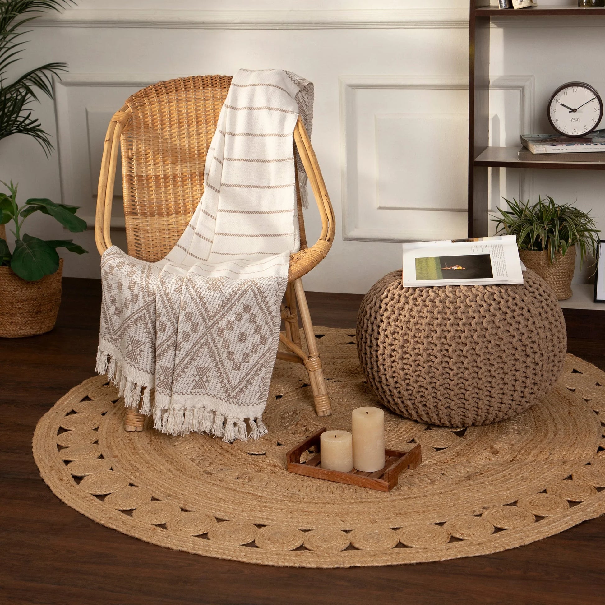 Hand-Knitted Cable Knit Round Pouf Ottoman - 100% Cotton Circular Footrest for Living Room, Bedroom, and Lounge - Beige (19.5" x 19.5" x 14")