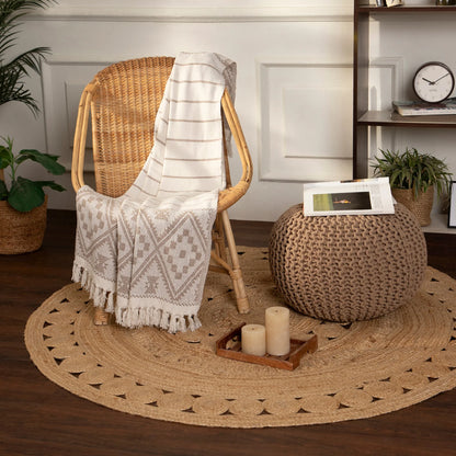 Hand-Knitted Cable Knit Round Pouf Ottoman - 100% Cotton Circular Footrest for Living Room, Bedroom, and Lounge - Beige (19.5" x 19.5" x 14")
