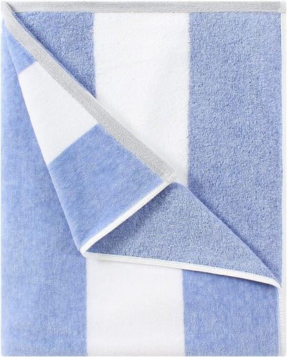 Oversized Cotton Beach Towel - 70 x 35 Inch Quick-Dry Blue Striped Pool Towel