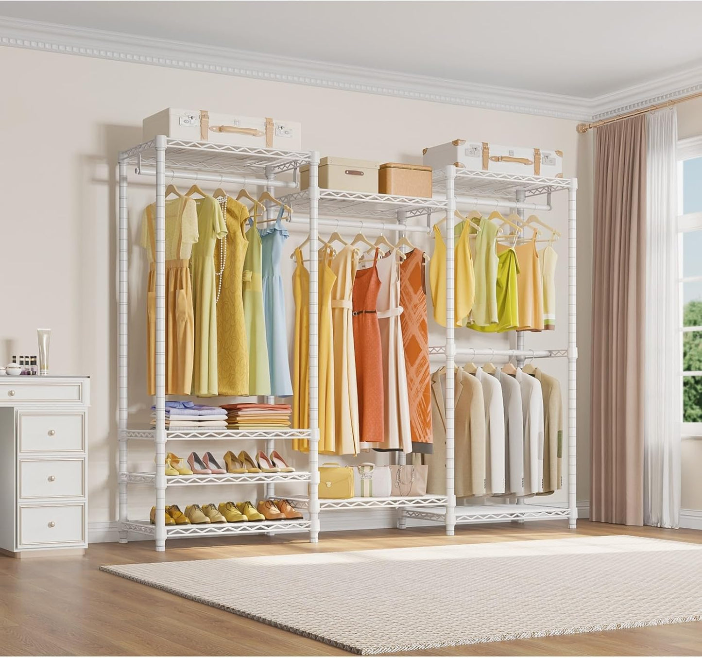 Portable Closet Wardrobe Heavy Duty Clothes Rack, Freestanding Clothing Racks with 4 Hang Rods & 8 Shelves, Adjustable Custom Closet Racks