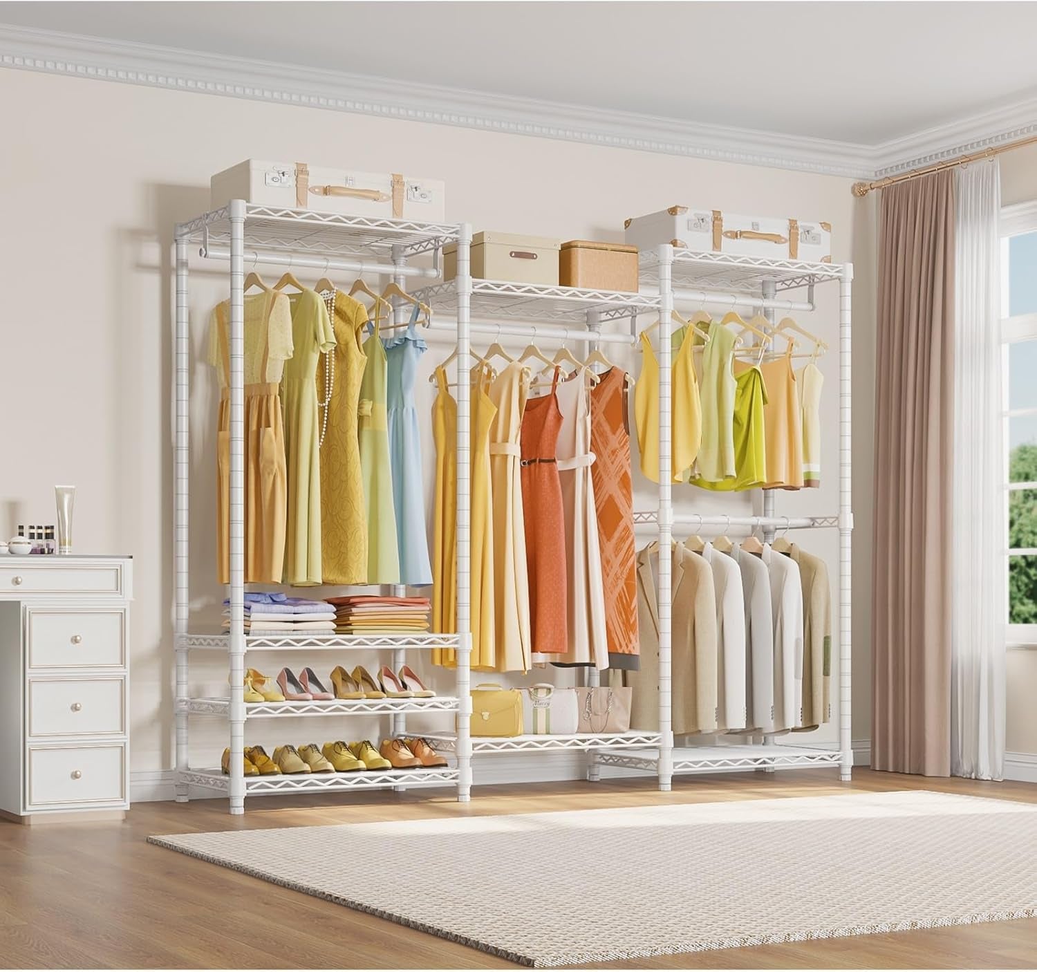 Portable Closet Wardrobe Heavy Duty Clothes Rack, Freestanding Clothing Racks with 4 Hang Rods & 8 Shelves, Adjustable Custom Closet Racks