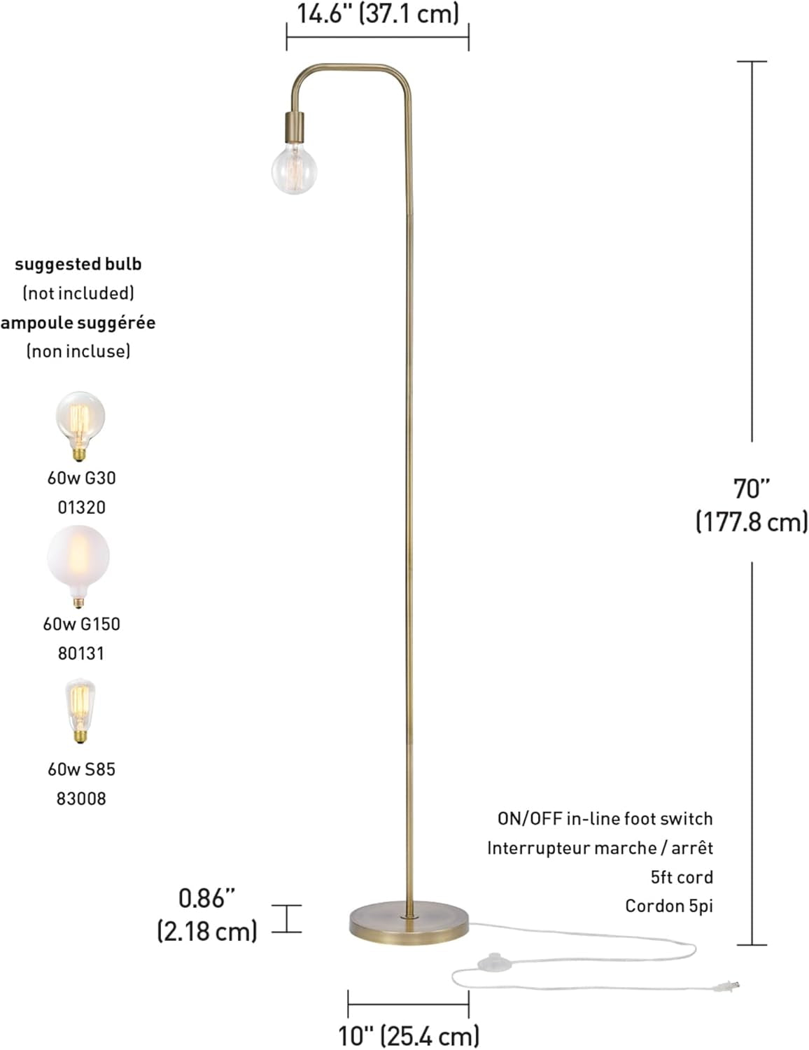 Floor Lamp, Matte Brass, In-Line On/Off Foot Switch