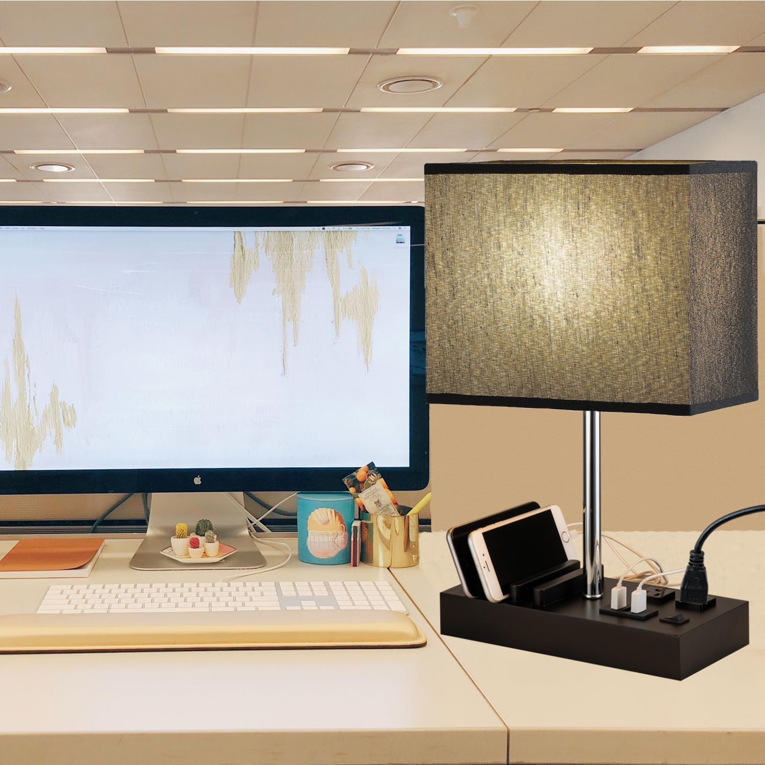 USB Table Lamp, Multi-Functional Desk Lamp with 2 AC Outlets