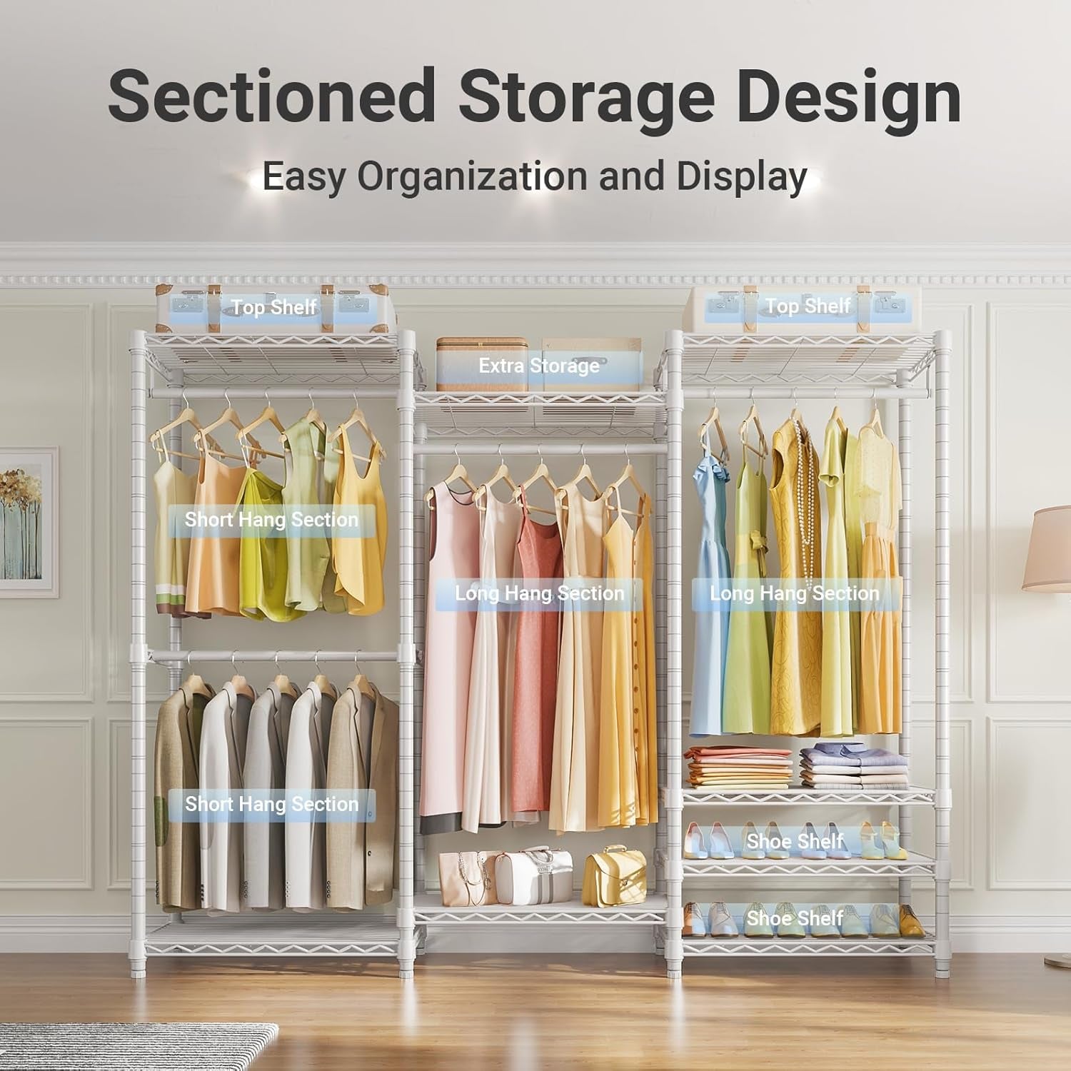 Portable Closet Wardrobe Heavy Duty Clothes Rack, Freestanding Clothing Racks with 4 Hang Rods & 8 Shelves, Adjustable Custom Closet Racks