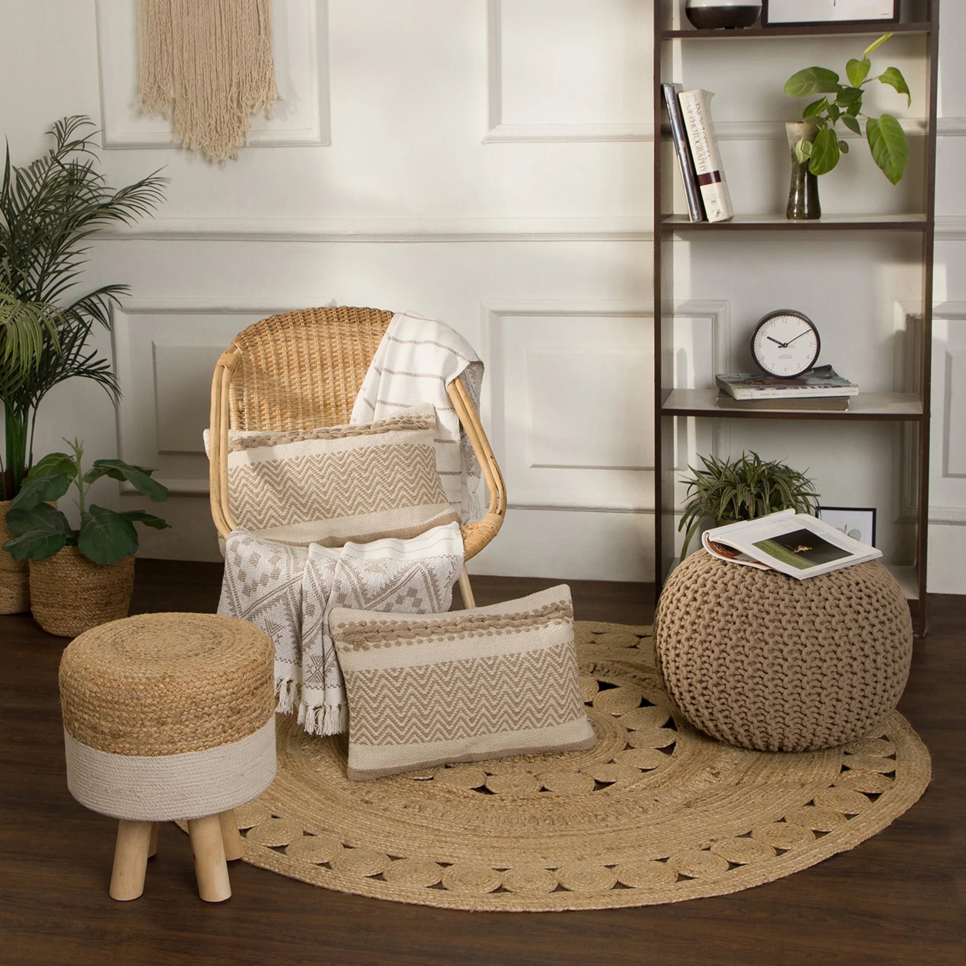 Hand-Knitted Cable Knit Round Pouf Ottoman - 100% Cotton Circular Footrest for Living Room, Bedroom, and Lounge - Beige (19.5" x 19.5" x 14")