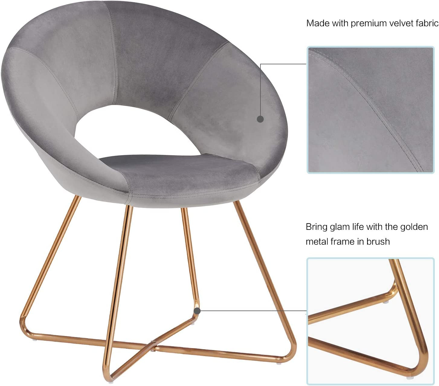 Modern Velvet Accent Chair - Comfy Upholstered Single Sofa with Mid-Century Design and Golden Metal Frame - Grey