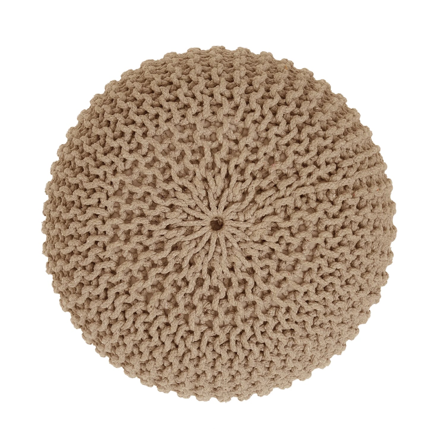 Hand-Knitted Cable Knit Round Pouf Ottoman - 100% Cotton Circular Footrest for Living Room, Bedroom, and Lounge - Beige (19.5" x 19.5" x 14")