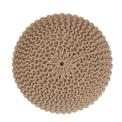 Hand-Knitted Cable Knit Round Pouf Ottoman - 100% Cotton Circular Footrest for Living Room, Bedroom, and Lounge - Beige (19.5" x 19.5" x 14")
