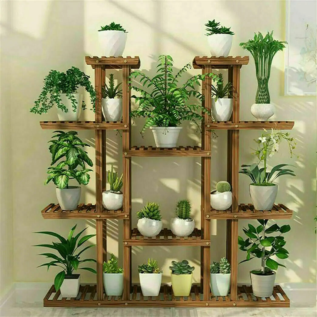 UNHO 46-Inch Multi-Tier Wooden Plant Stand - 16-Shelf Flower Rack for Indoor and Outdoor Use