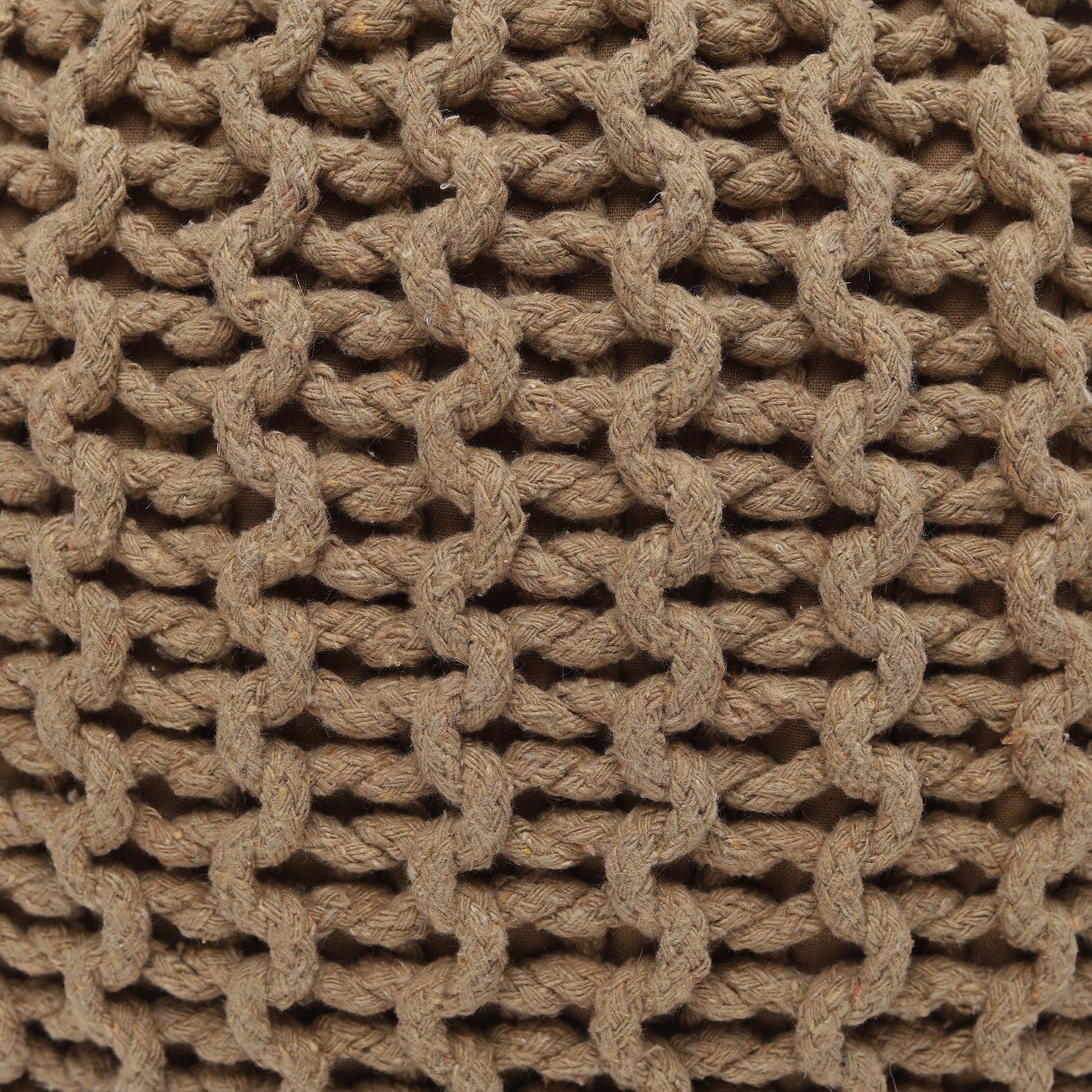 Hand-Knitted Cable Knit Round Pouf Ottoman - 100% Cotton Circular Footrest for Living Room, Bedroom, and Lounge - Beige (19.5" x 19.5" x 14")